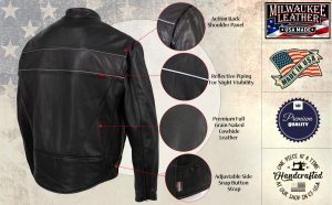 Milwaukee Leather USA MADE MLJKM5003 Men’s Black Echo Premium Leather Motorcycle Jacket with Reflective Piping - Image 8