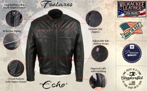 Milwaukee Leather USA MADE MLJKM5003 Men’s Black Echo Premium Leather Motorcycle Jacket with Reflective Piping - Image 6