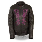 Milwaukee Leather MLL2500 Women’s Black and Fuchsia Pink Leather Jacket with Embroidery