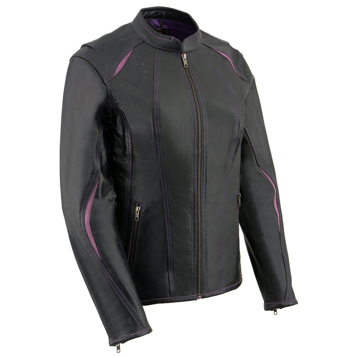 Milwaukee Leather MLL2502 Women’s ‘Laser Cut’ Distressed Black and Purple Scuba Style Racer Jacket
