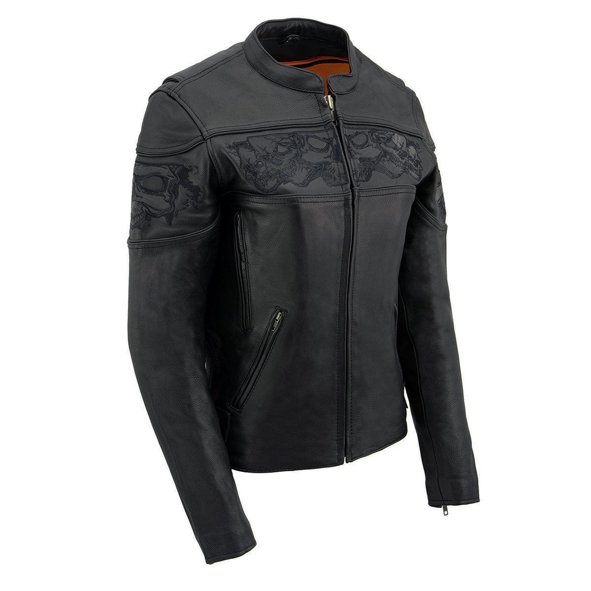 Milwaukee Leather MLL2540 Women’s Crossover Black Leather Scooter Jacket w/ Reflective Skull Graphic