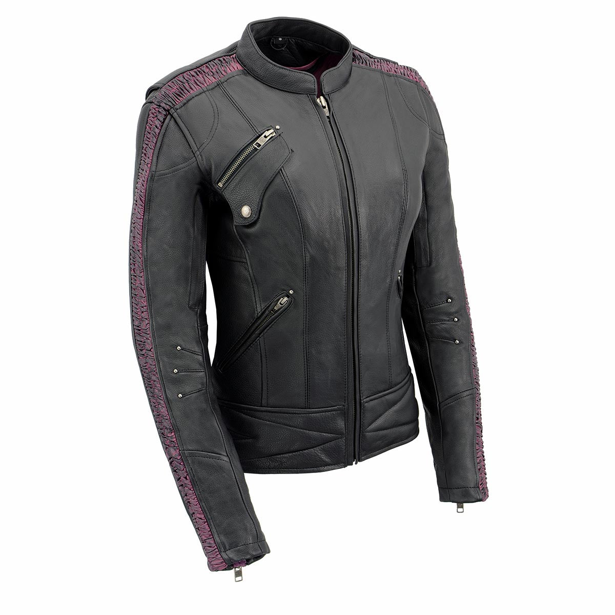 Milwaukee Leather MLL2570 Women’s ‘Phoenix Embroidered’ Black and Fuchsia Pink Leather Motorcycle Jacket