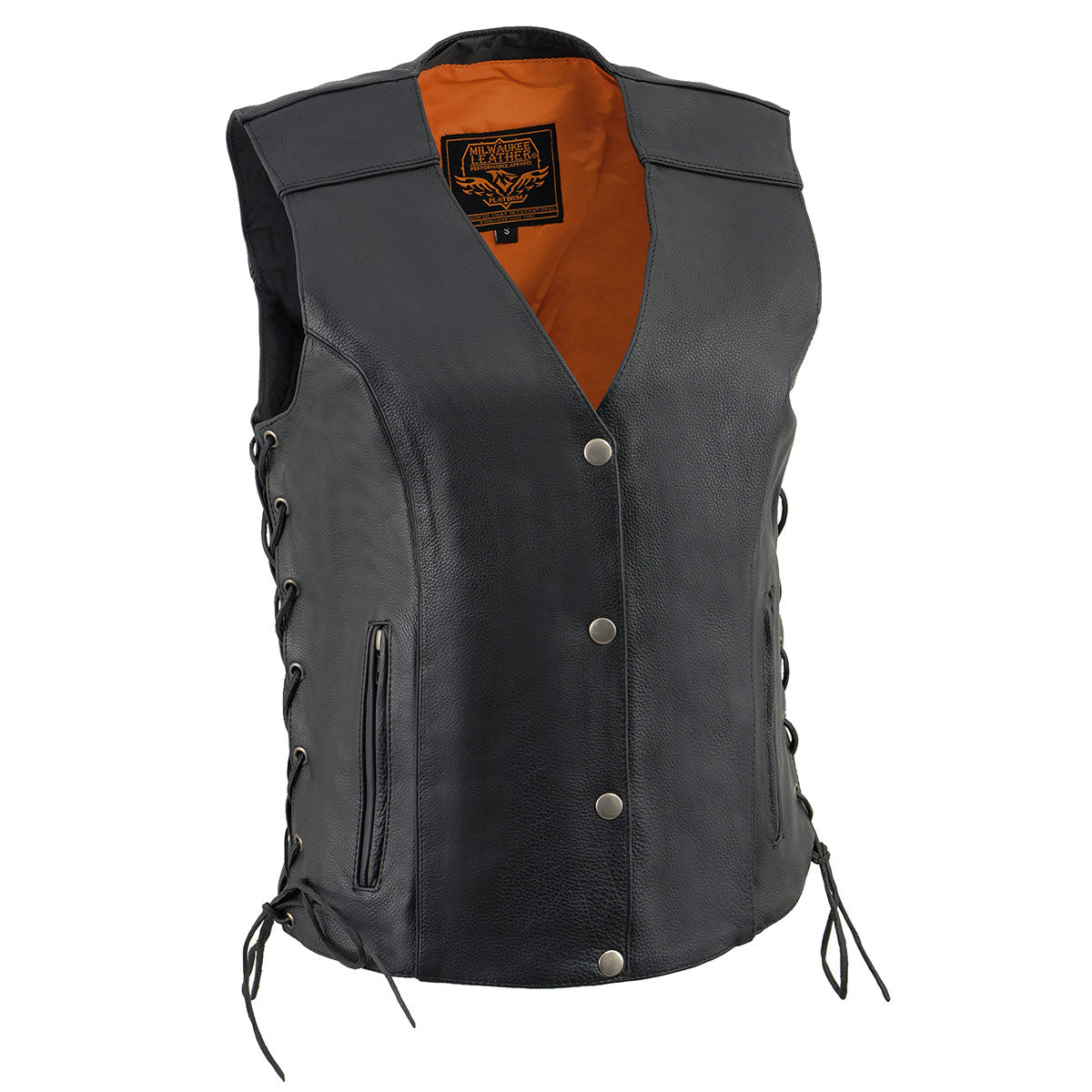 Milwaukee Leather MLL4500 Women’s Classic Black Leather V-Neck Motorcycle Rider Vest w/ Side Laces