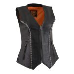 Milwaukee Leather MLL4502 Women’s Black Leather Classic V-Neck Motorcycle Rider Vest with Rhinestone Bling Detail