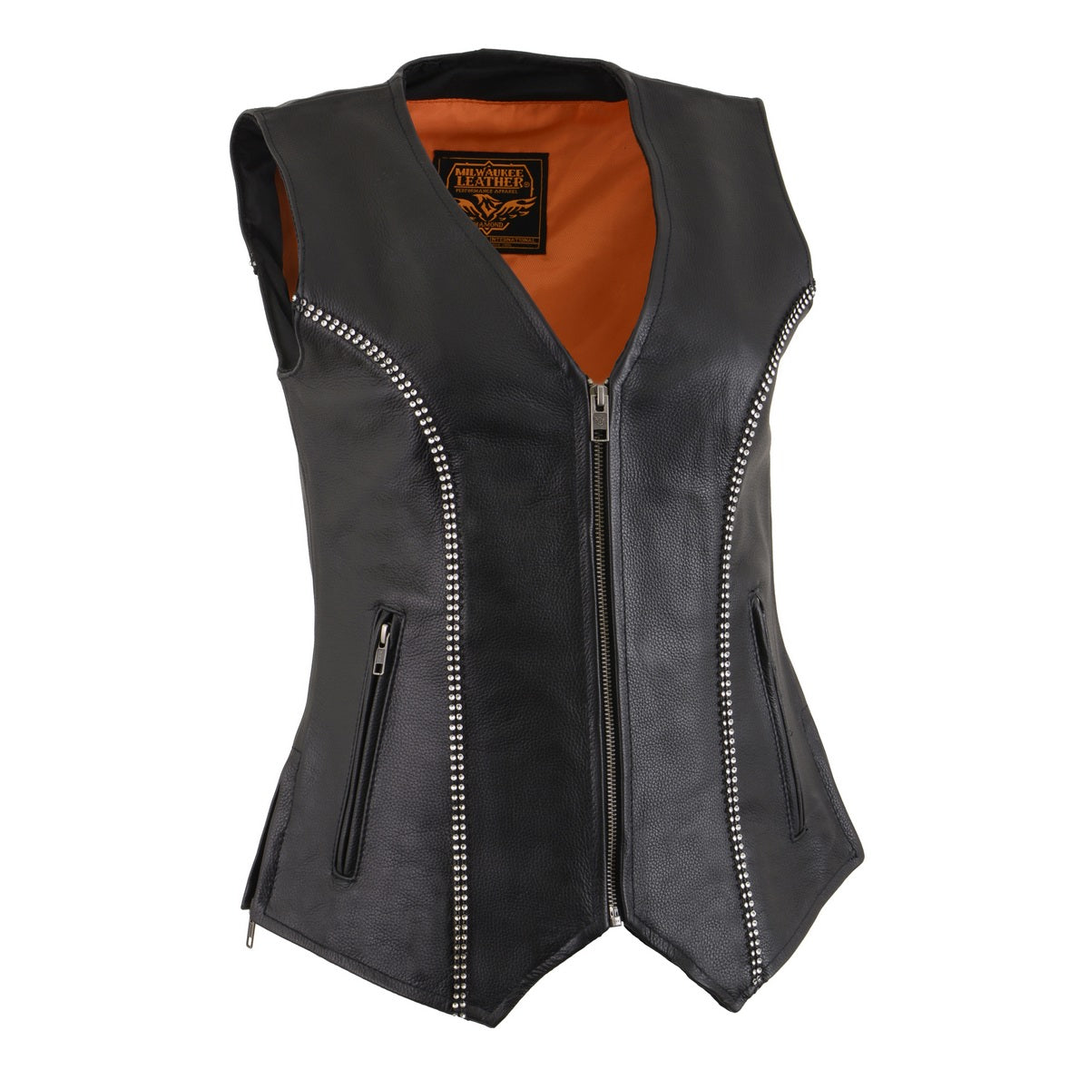 Milwaukee Leather MLL4502 Women’s Black Leather Classic V-Neck Motorcycle Rider Vest with Rhinestone Bling Detail