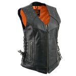 Milwaukee Leather MLL4504 Women’s Classic Black Leather V-Neck Riveted Motorcycle Rider Vest with Side Lace