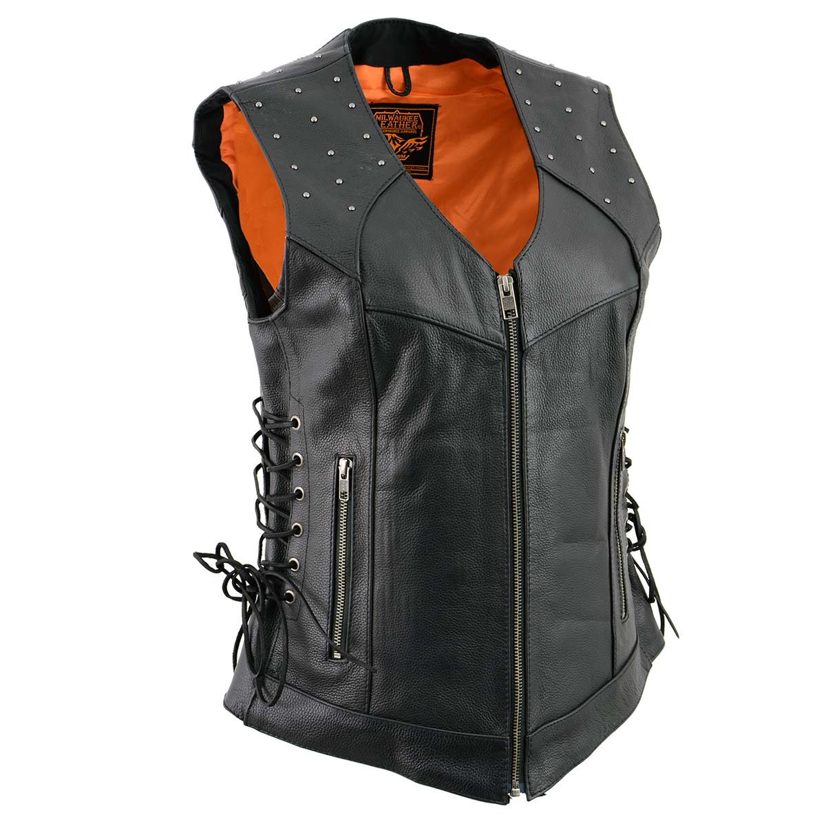Milwaukee Leather MLL4504 Women’s Classic Black Leather V-Neck Riveted Motorcycle Rider Vest with Side Lace