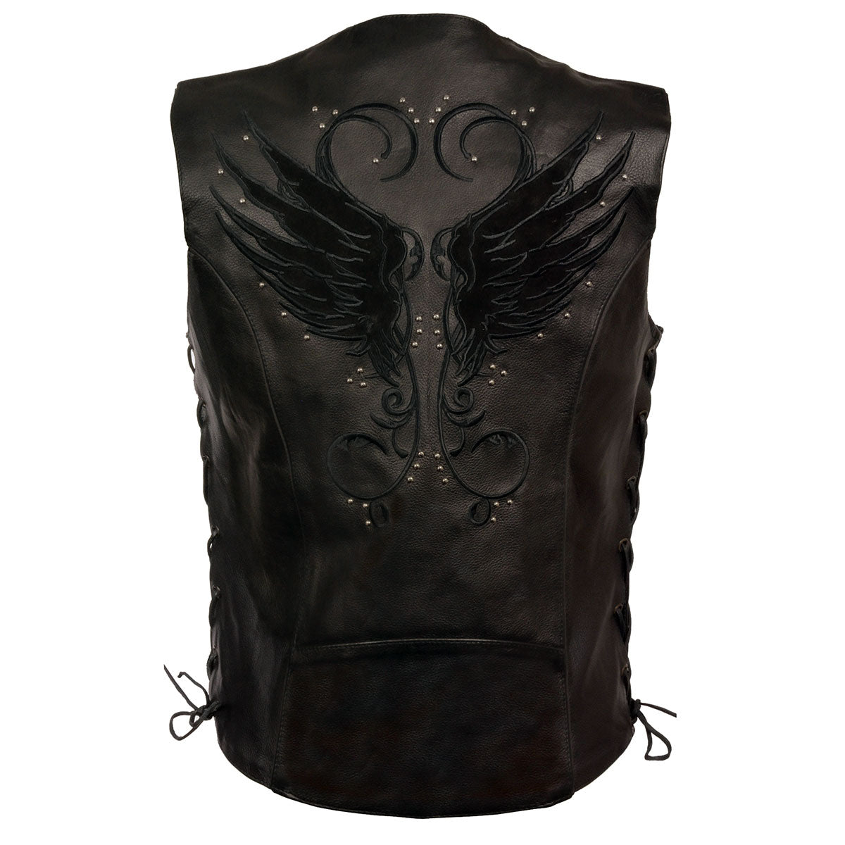 Milwaukee Leather MLL4505 Women’s Black Leather Side Lace Motorcycle Rider Vest- Reflective and Studded Black Wings