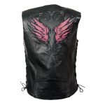 Milwaukee Leather MLL4505 Women’s Black Leather Side Lace Motorcycle Rider Vest- Reflective and Studded Pink Wings