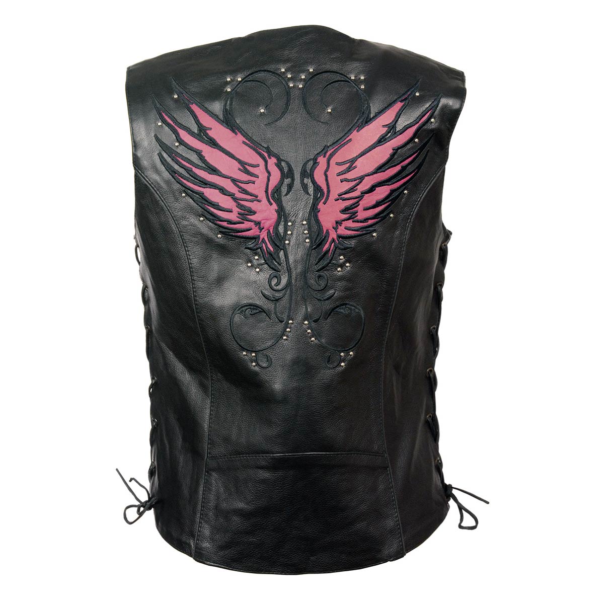 Milwaukee Leather MLL4505 Women’s Black Leather Side Lace Motorcycle Rider Vest- Reflective and Studded Pink Wings