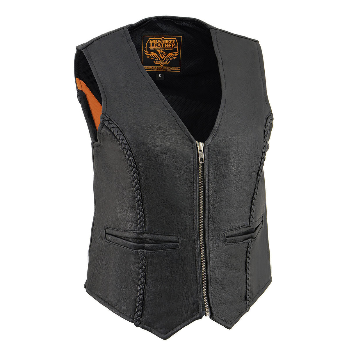 Milwaukee Leather MLL4550 Women’s Black Premium Leather Classic Braided Deep V-Neck Motorcycle Rider Vest W/Front Zip