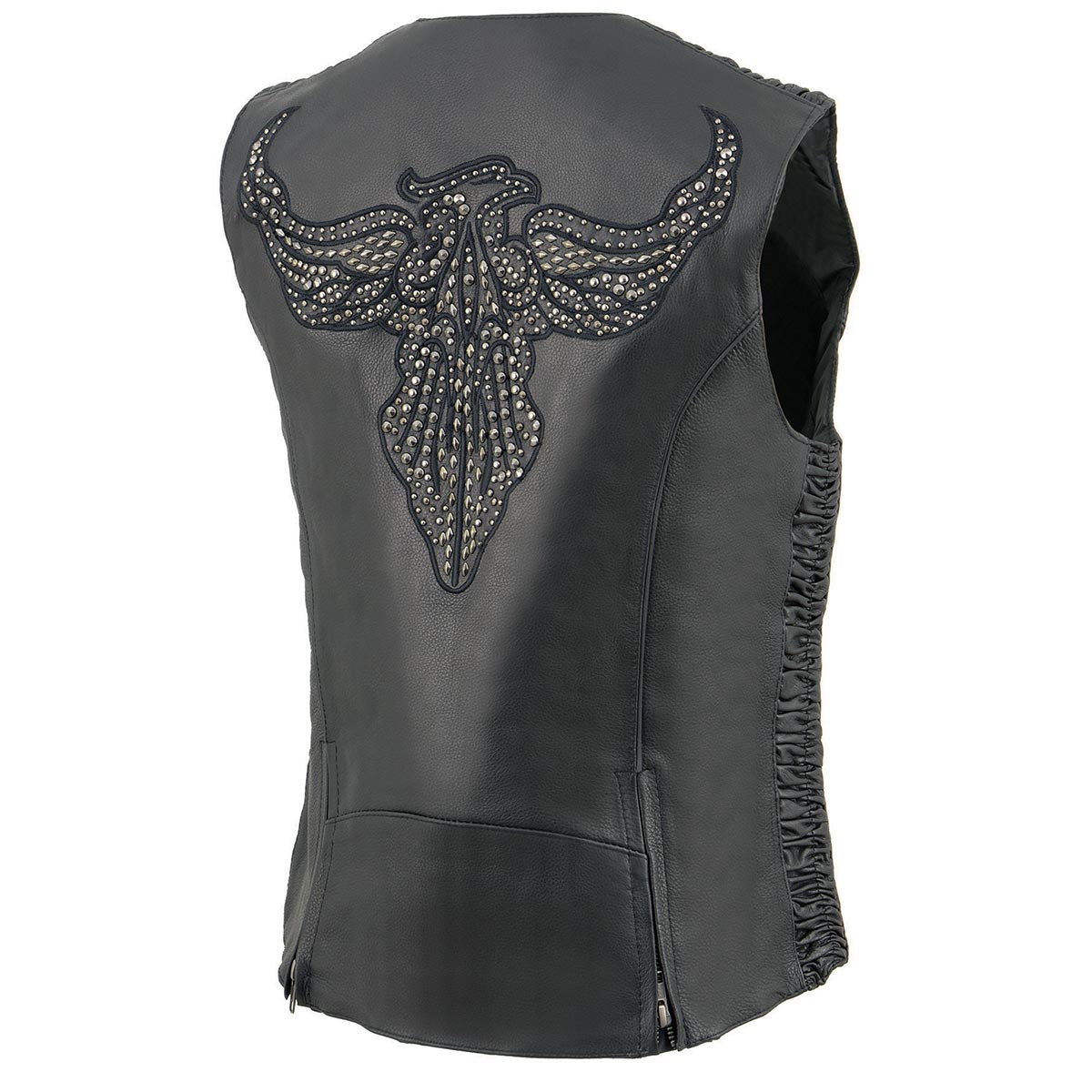 Milwaukee Leather MLL4570 Women’s Studded Phoenix Black Leather Motorcycle Biker Vest w/ Embroidery Art