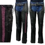 Milwaukee Leather Women’s Black Premium Leather Motorcycle Rider Chaps w/ Purple Crinkled Stripes-Reflective Trim MLL6500 - Image 2