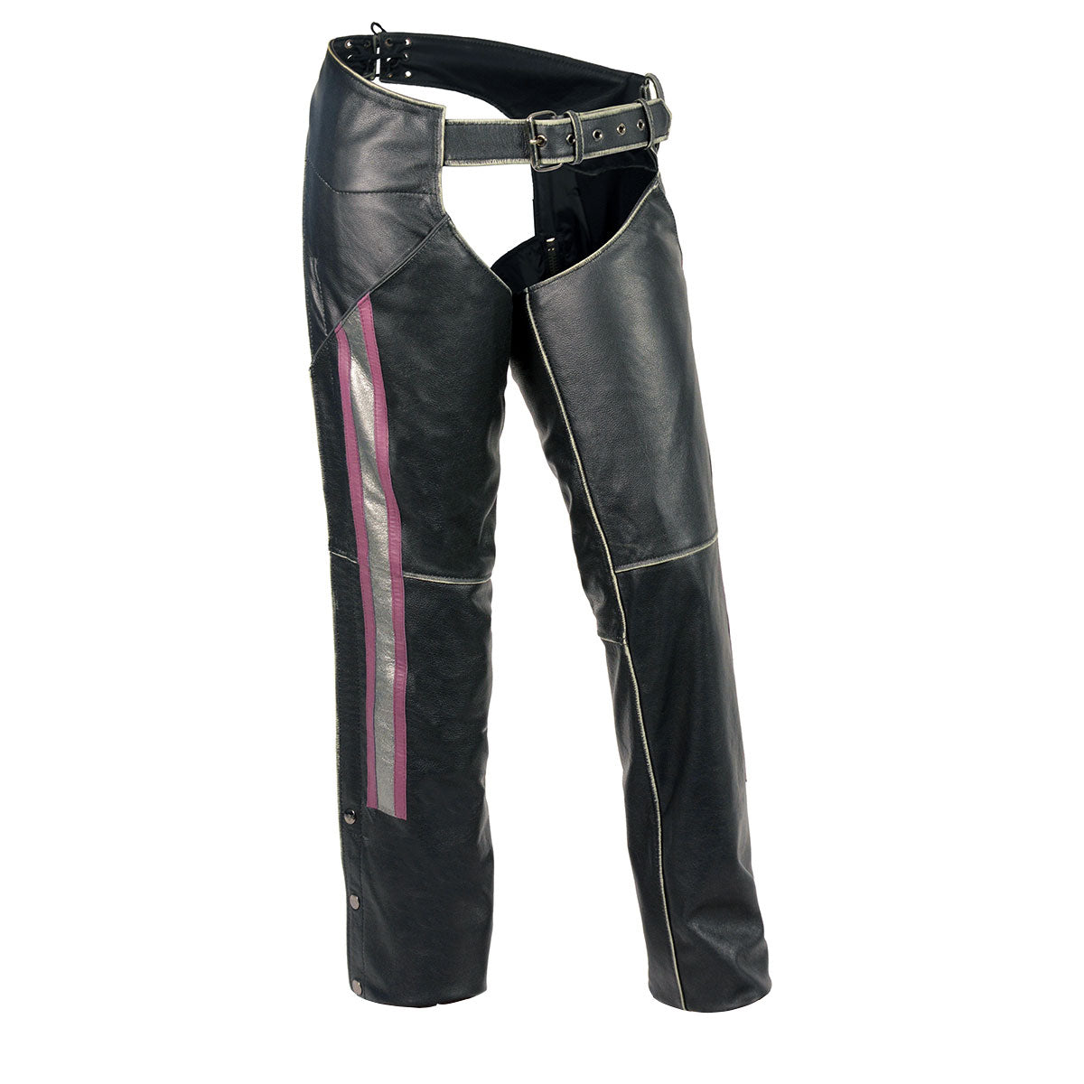 Milwaukee Leather MLL6515 Women’s ‘Pink Stripe’ Classic Black Rub-Off Low-Rise Leather Chaps