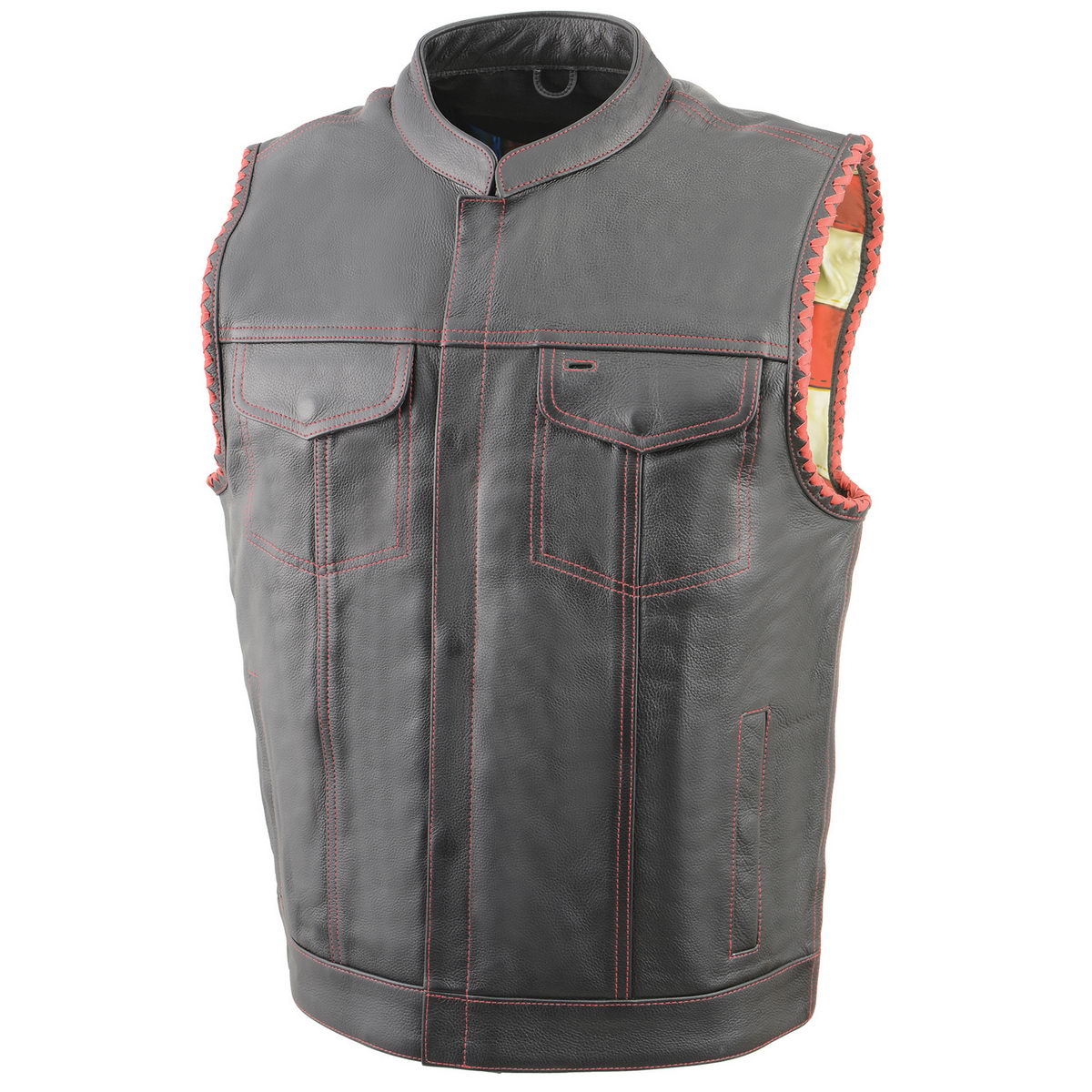 Milwaukee Leather MLM3506 Men’s Black Premium Leather Vest – Old Glory Laced Armholes Red Stitching Club Style Vest