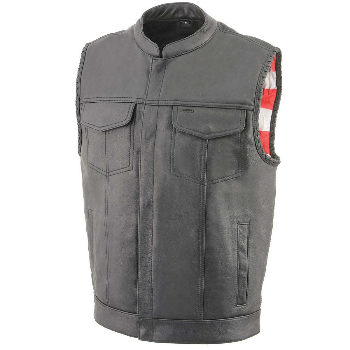 Milwaukee Leather MLM3508 Men’s Black Premium Leather Vest – Old Glory Laced Armholes Black Stitching Club Style Vest