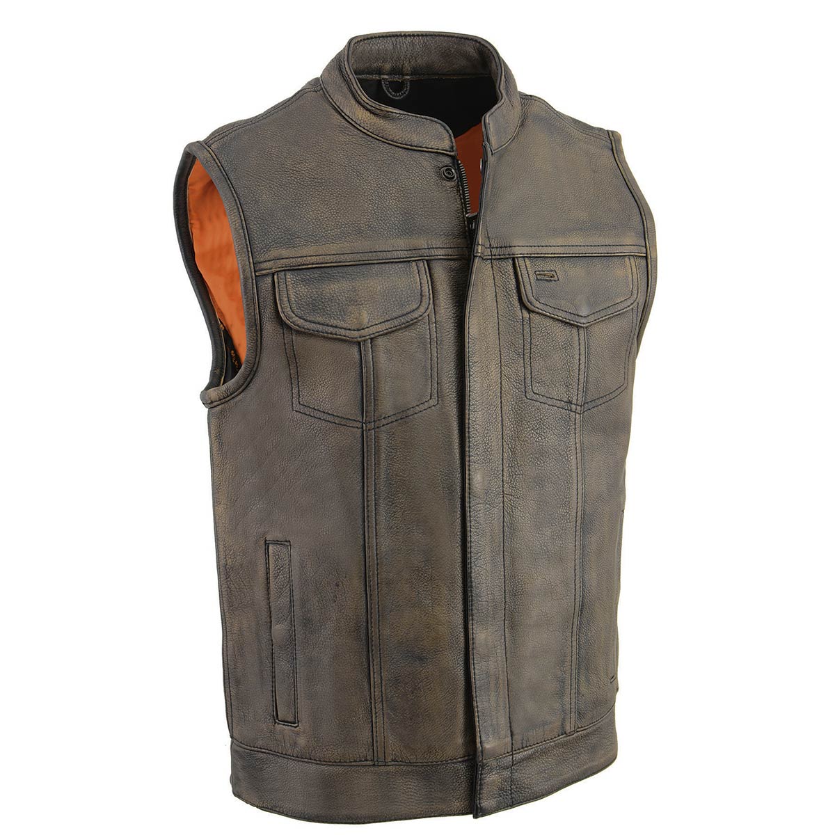 Milwaukee Leather MLM3510 Men’s Black/Beige Premium Leather Club Style Vest – Dual Closure Open Neck Motorcycle Vest