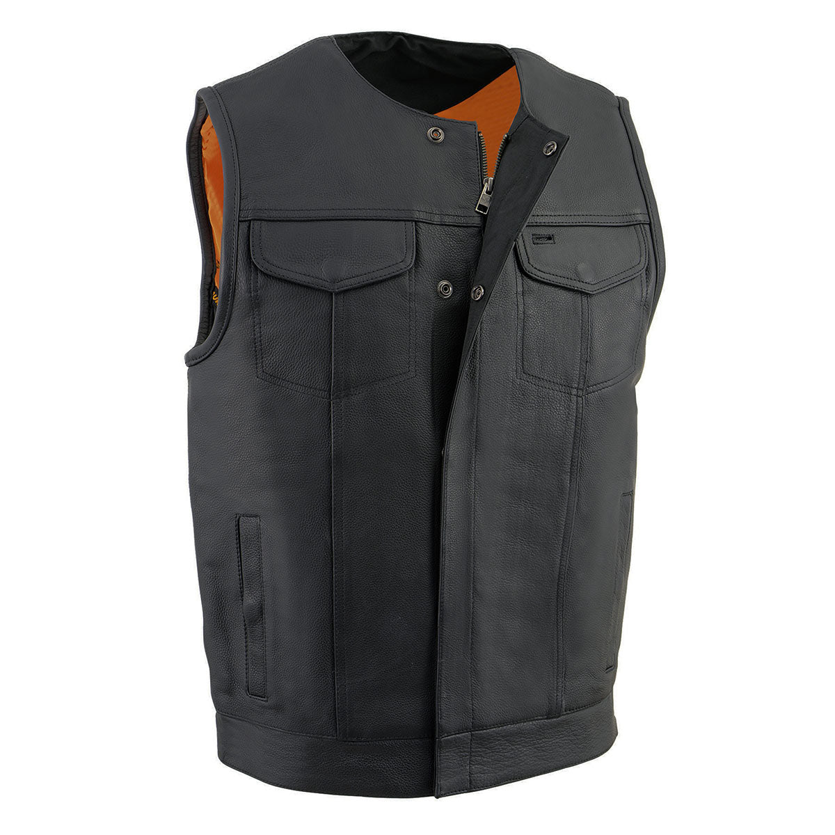 Milwaukee Leather MLM3511 Men’s Black Collarless Snap/Zipper Club Style Motorcycle Leather Vest