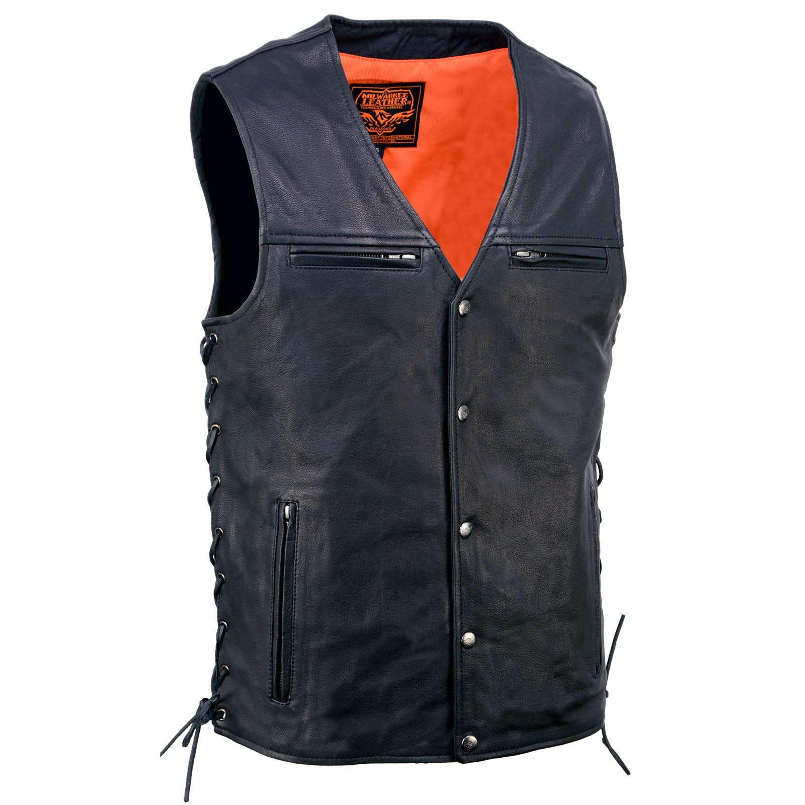 Milwaukee Leather MLM3517 Men’s Black Premium Leather Classic V-Neck Side Lace Motorcycle Rider Vest
