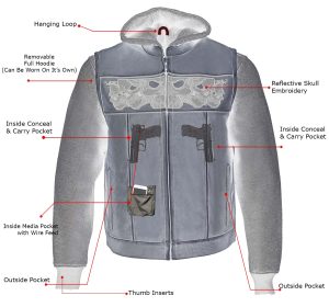 Milwaukee Leather MLM3562 Men’s Leather Vest w/ Removeable Hoodie – Distress Grey Reflective Skulls Motorcycle Vest - Image 5