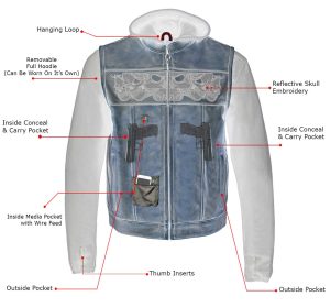 Milwaukee Leather MLM3561 Men’s Leather Vest w/ Removeable Hoodie- Distress Brown Reflective Skulls Motorcycle Vest - Image 4