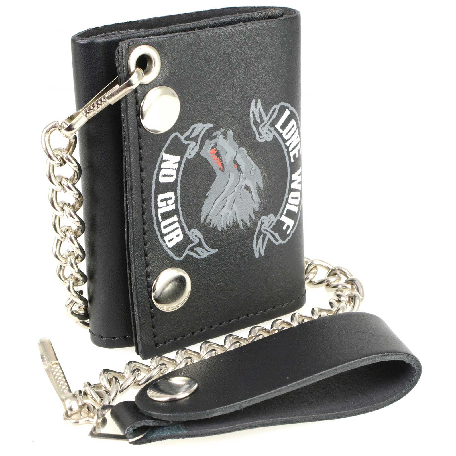 Milwaukee Leather MLW7833 Men’s 4″ Leather “Lone Wolf No Club” Tri-Fold Wallet w/ Anti-Theft Stainless Steel Chain