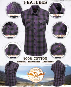 Milwaukee Leather MNG21624 Women’s Flannel Black/Purple Button Sleeveless Cut Off Shirt w/ Frill Arms - Image 2