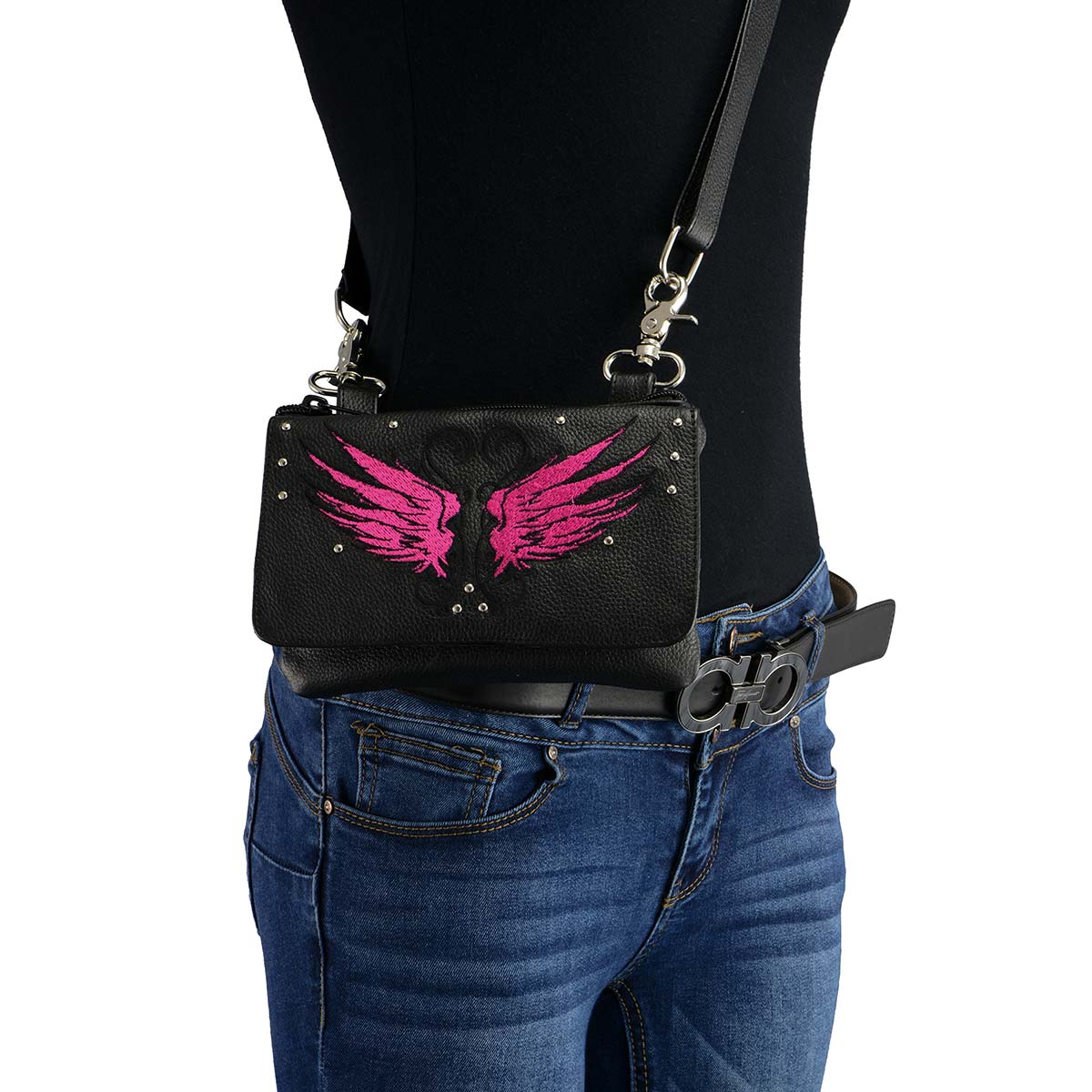 Milwaukee Leather MP8850 Ladies ‘Winged’ Leather Black and Pink Multi-Pocket Belt Bag