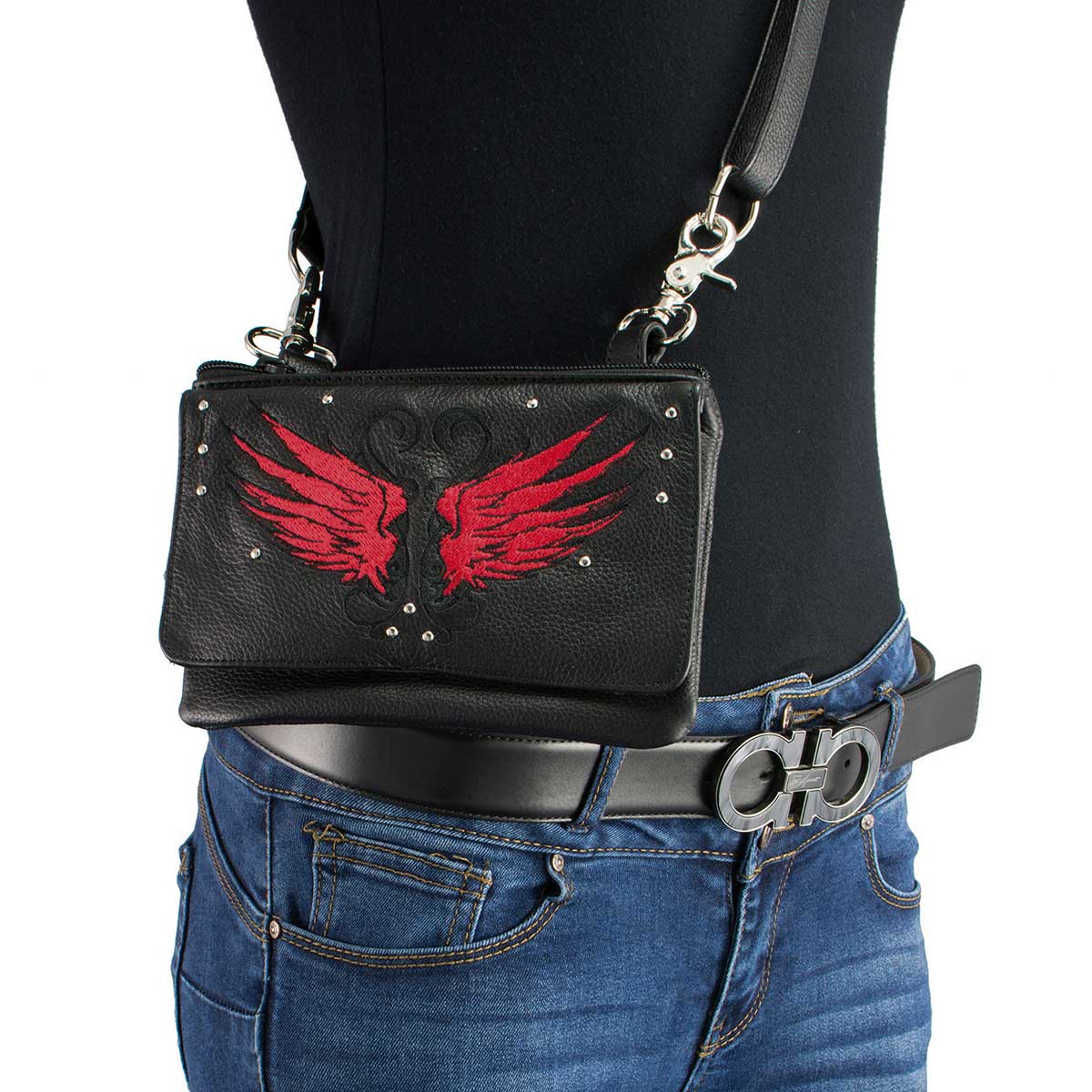 Milwaukee Leather MP8850 Ladies ‘Winged’ Leather Black and Red Multi Pocket Belt Bag