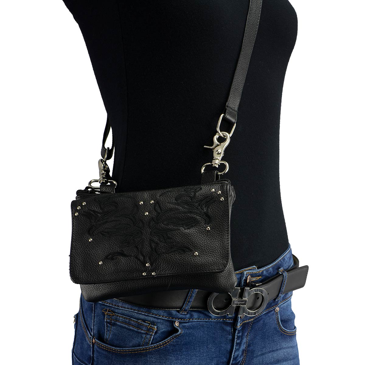 Milwaukee Leather MP8852 Women’s Black Leather Multi Pocket Belt Bag