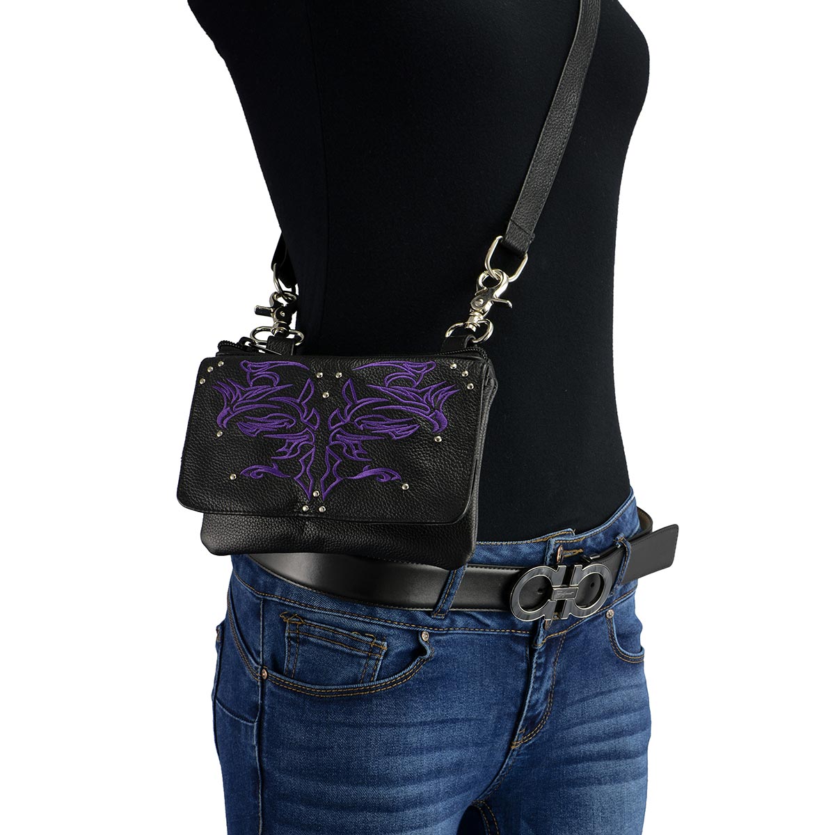 Milwaukee Leather MP8852 Women’s Black and Purple Leather Multi Pocket Belt Bag