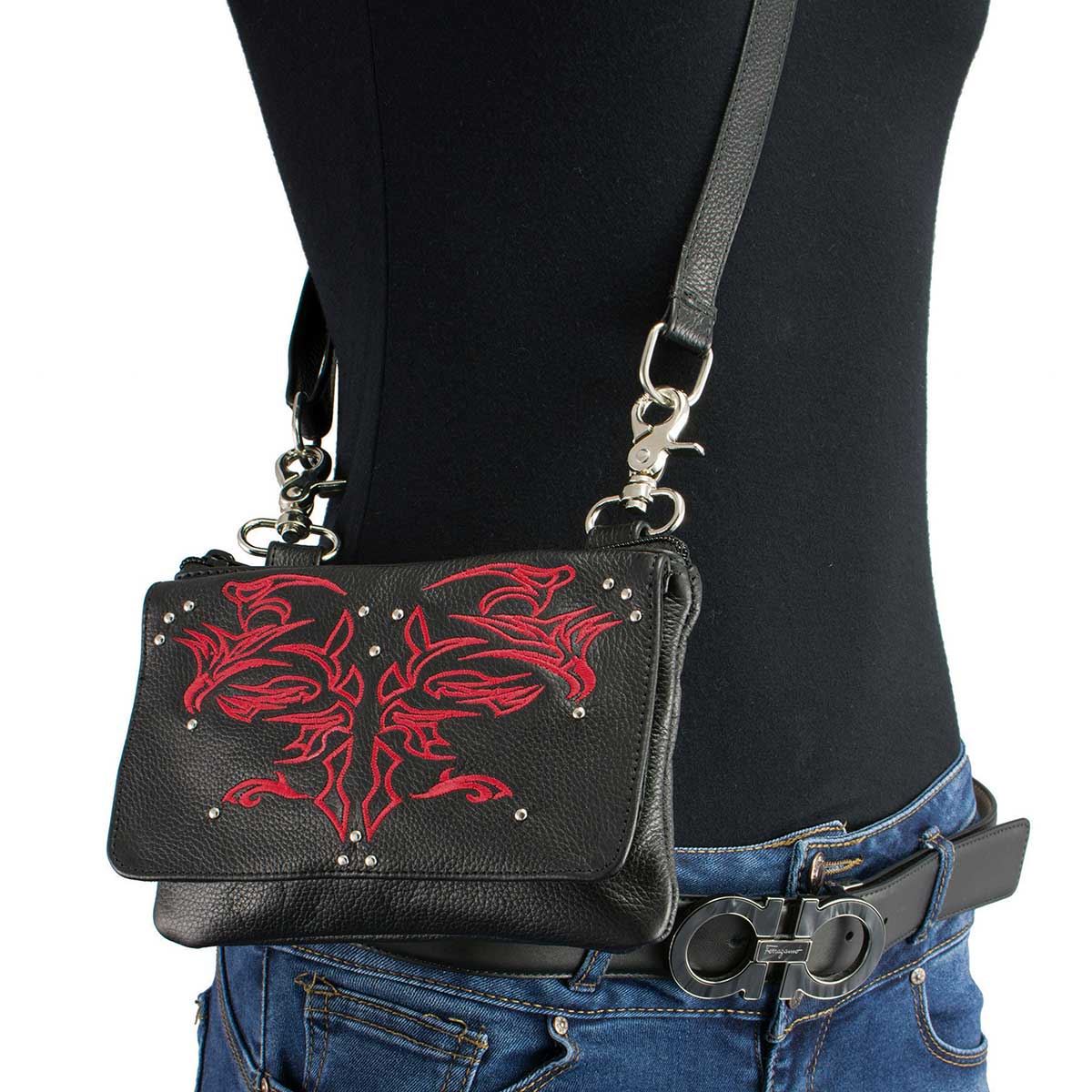 Milwaukee Leather MP8852 Women’s Black and Red Leather Multi Pocket Belt Bag