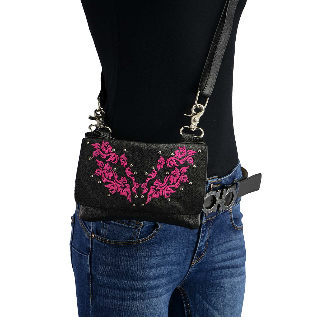 Milwaukee Leather MP8853 Women’s ‘Flower’ Black and Pink Leather Multi Pocket Belt Bag