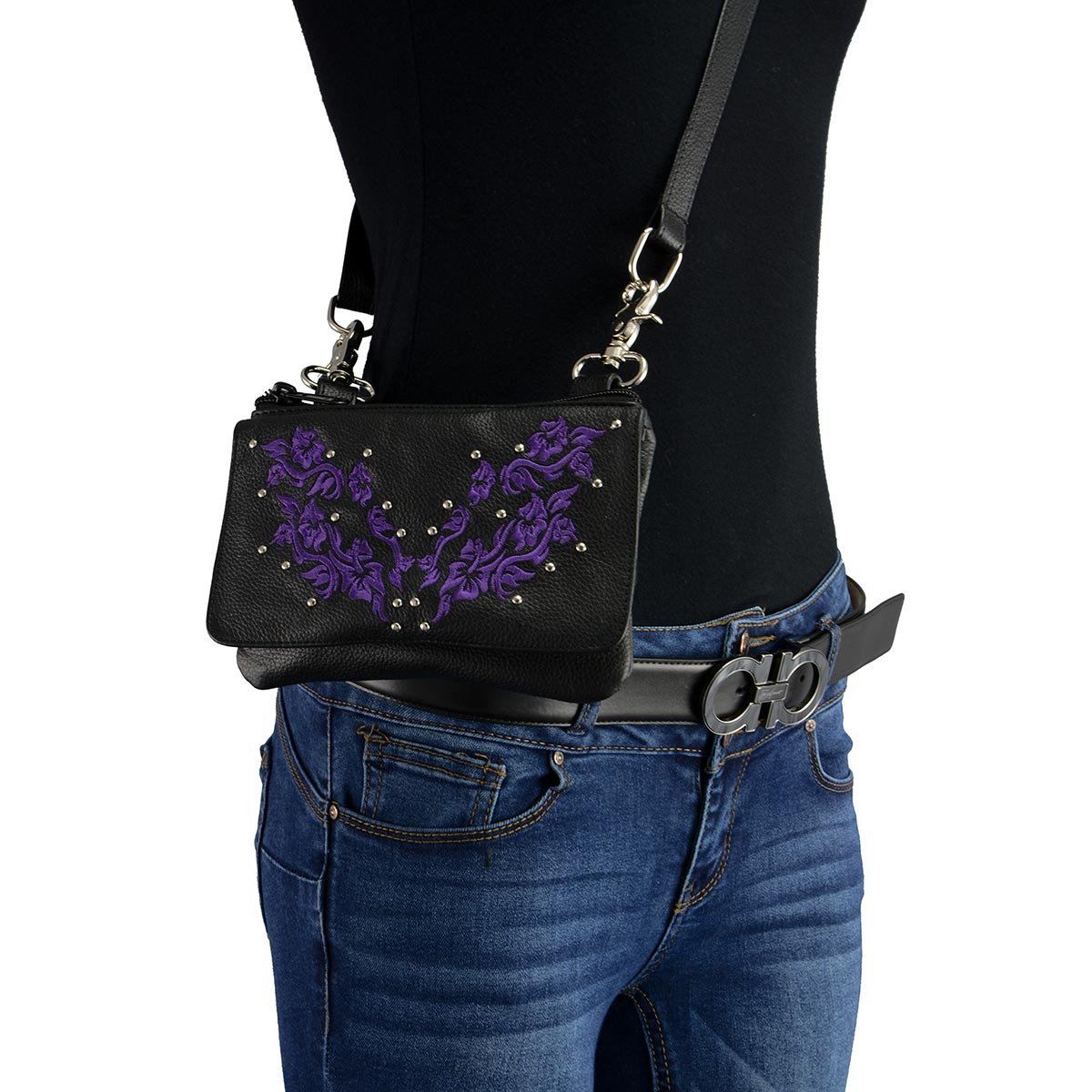 Milwaukee Leather MP8853 Women’s ‘Flower’ Black and Purple Leather Multi Pocket Belt Bag