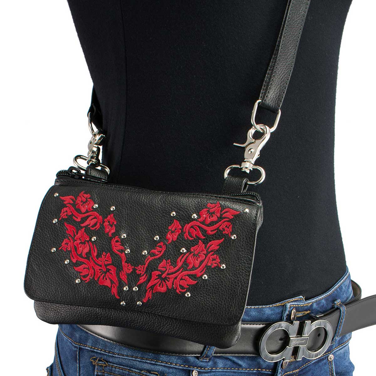Milwaukee Leather MP8853 Women’s ‘Flower’ Black and Red Leather Multi Pocket Belt Bag