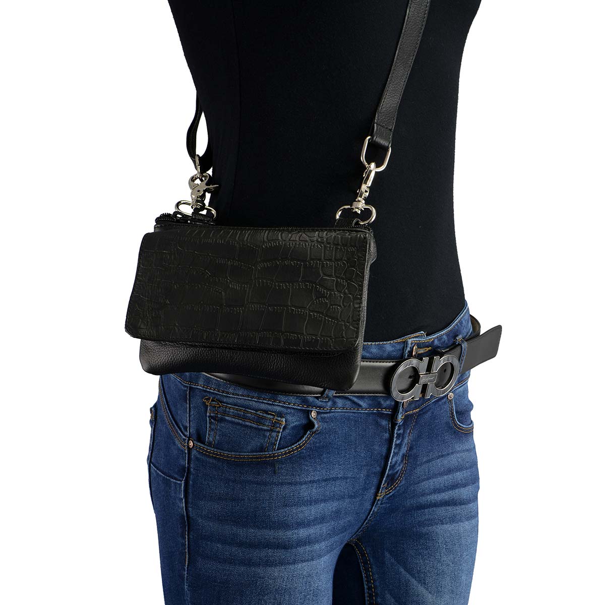 Milwaukee Leather MP8854 Women’s Black Leather Multi Pocket Belt Bag