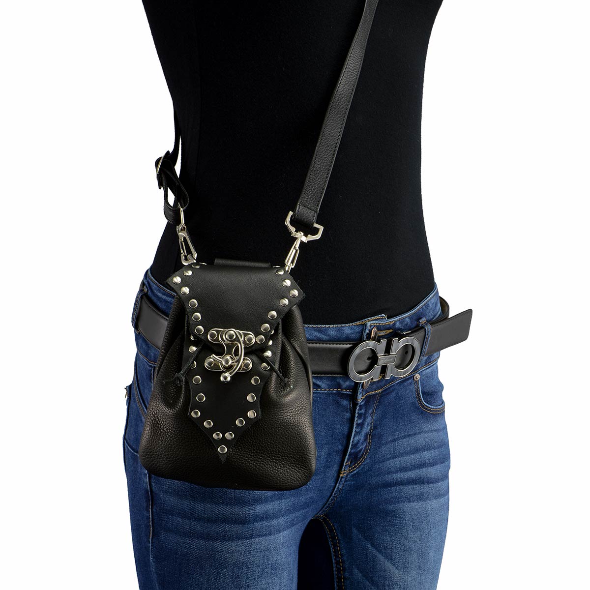 Milwaukee Leather MP8856 Women’s ‘Studded’ Black Leather Drop Set Belt Bag