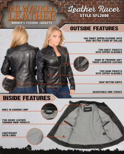 Milwaukee Leather SFL2800 Women’s Racer Black Stand Up Collar Motorcycle Fashion Leather Jacket - Image 2