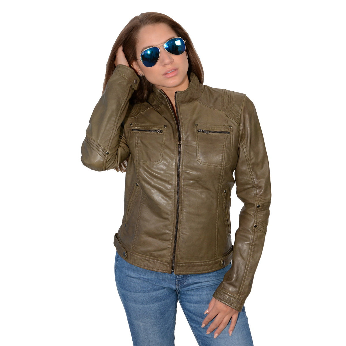 Milwaukee Leather SFL2800 Women’s Racer Olive Stand Up Collar Motorcycle Fashion Leather Jacket