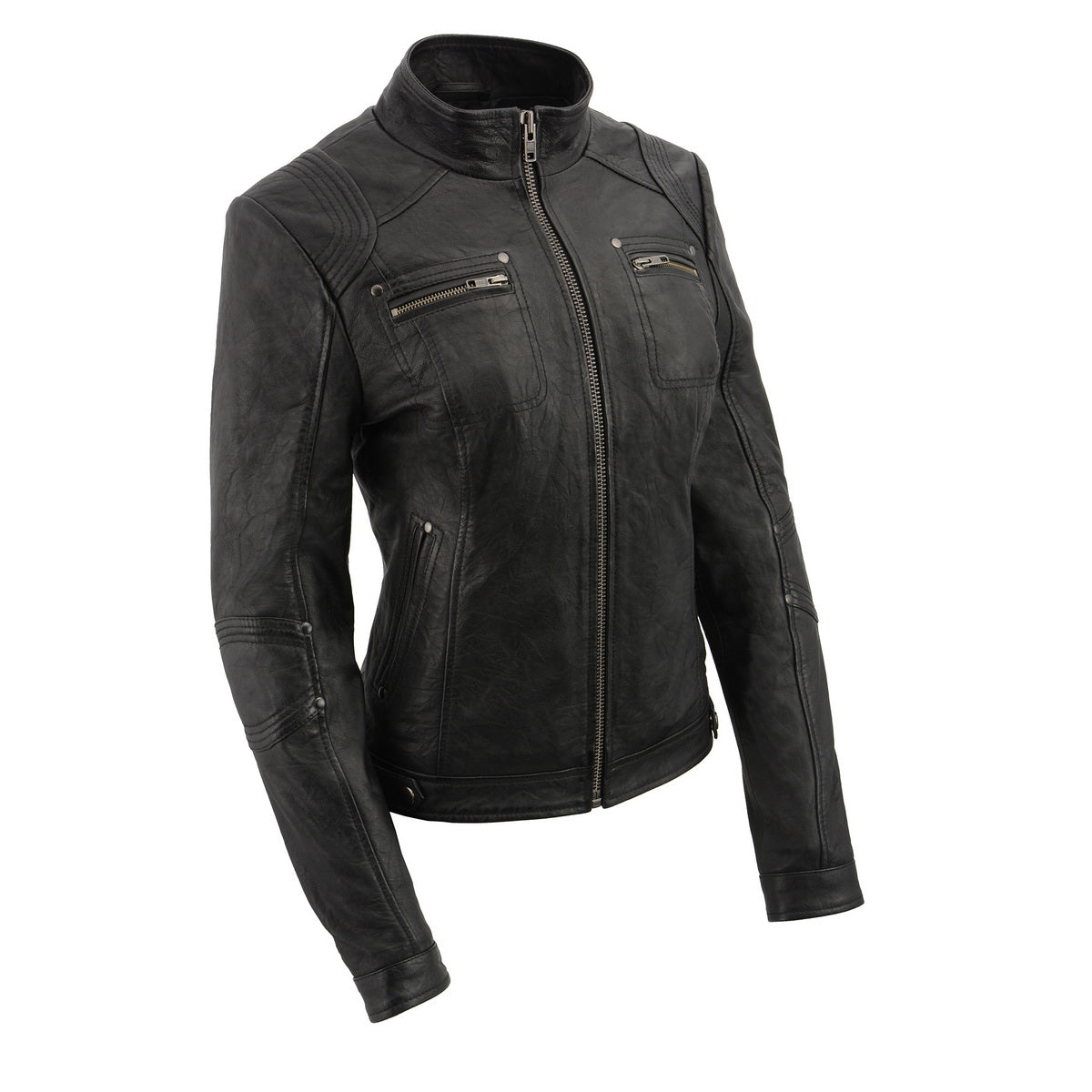 Milwaukee Leather SFL2801 Women’s Racer Black Stand Up Collar Motorcycle Fashion Leather Jacket