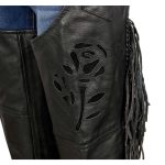 Milwaukee Leather SH1116 Women’s Classic Braided & Fringed Black Leather Motorcycle Chaps w/ Black Rose Embroidery - Image 2