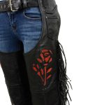 Milwaukee Leather SH1116 Women’s Classic Braided & Fringed Black Leather Motorcycle Chaps w/ Red Rose Embroidery - Image 2