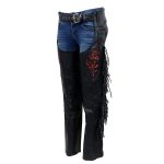 Milwaukee Leather SH1116 Women’s Classic Braided & Fringed Black Leather Motorcycle Chaps w/ Red Rose Embroidery - Image 4