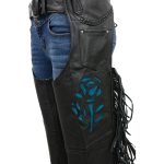 Milwaukee Leather SH1116 Women’s Classic Braided & Fringed Black Leather Motorcycle Chaps w/ Turq Rose Embroidery - Image 2