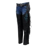 Milwaukee Leather SH1116 Women’s Classic Braided & Fringed Black Leather Motorcycle Chaps w/ Turq Rose Embroidery - Image 9