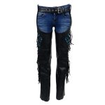 Milwaukee Leather SH1116 Women’s Classic Braided & Fringed Black Leather Motorcycle Chaps w/ Turq Rose Embroidery - Image 6