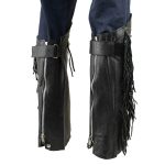 Genuine Leather SH1199FR Women’s Black ‘Fringed’ Leather Short Chaps with Conchos with Conchos - Image 2
