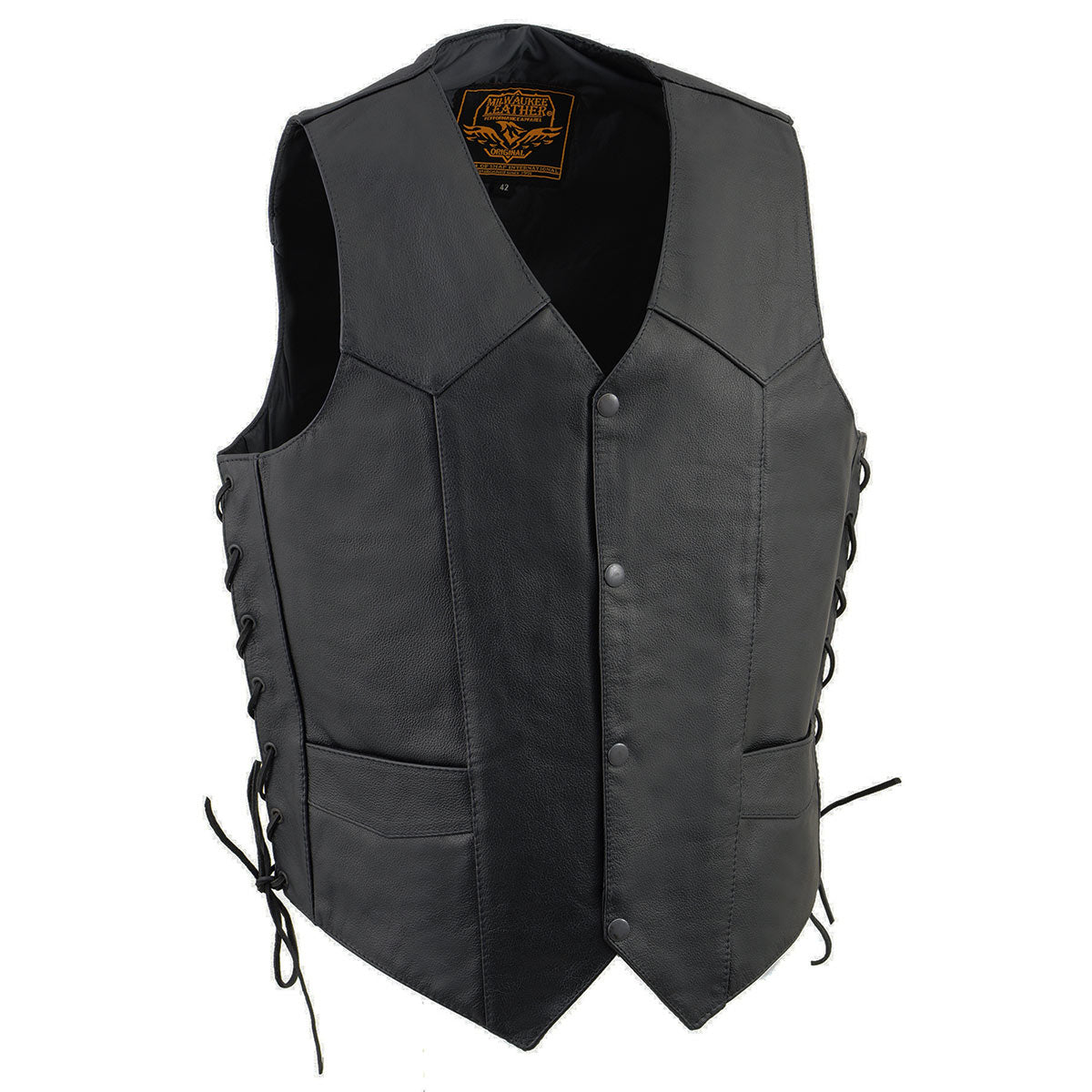 Milwaukee Leather SH1315 Men’s Black Leather Classic V-Neck Side Lace Motorcycle Rider Vest w/ Front Snap Closure