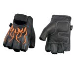 Milwaukee Leather SH198 Men’s Black Leather Gel Padded Palm Fingerless Motorcycle Gloves w/ Orange Flame Embroidery - Image 8