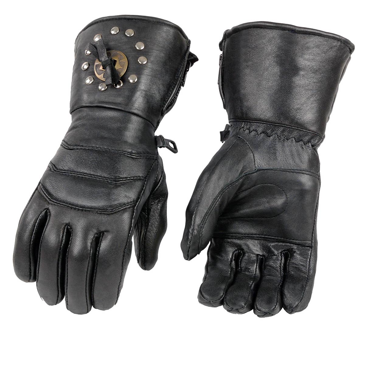 Milwaukee Leather Men’s Gauntlet Motorcycle Hand Gloves-Black Leather Thermal Lined with Conchos on Cuff- SH238